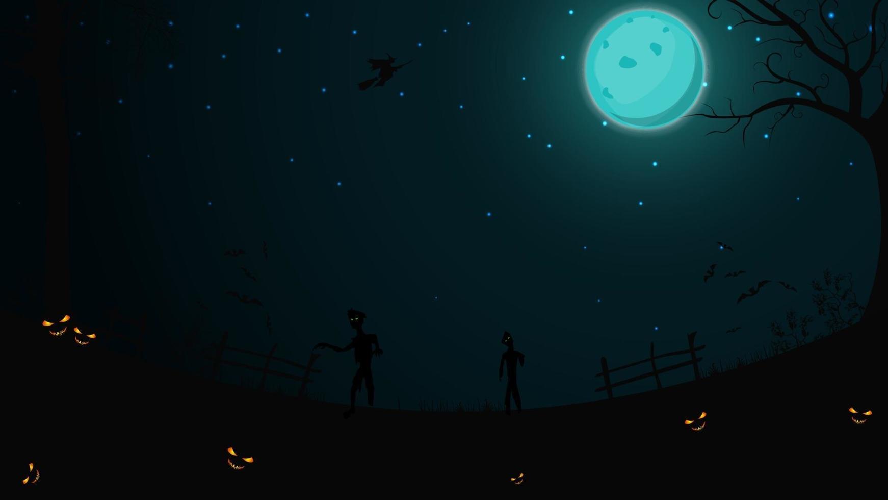 Halloween-Hintergrund, dunkle Nacht, voller blauer Mond, Sternenhimmel, klares Feld mit Zaun, Gras, Bäumen, Fledermäusen, Zombie und einer Hexe auf einem Besen. Halloween-Hintergrund für deine Künste vektor