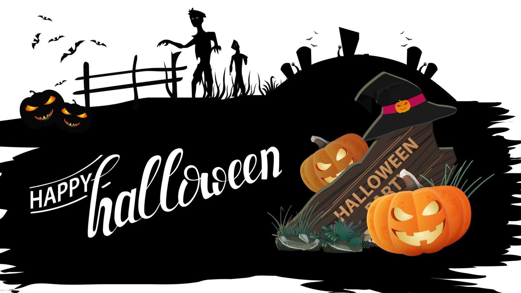 Happy halloween, schwarze zerrissene Karte mit Holzschild, Hexenhut und Kürbis Jack vektor