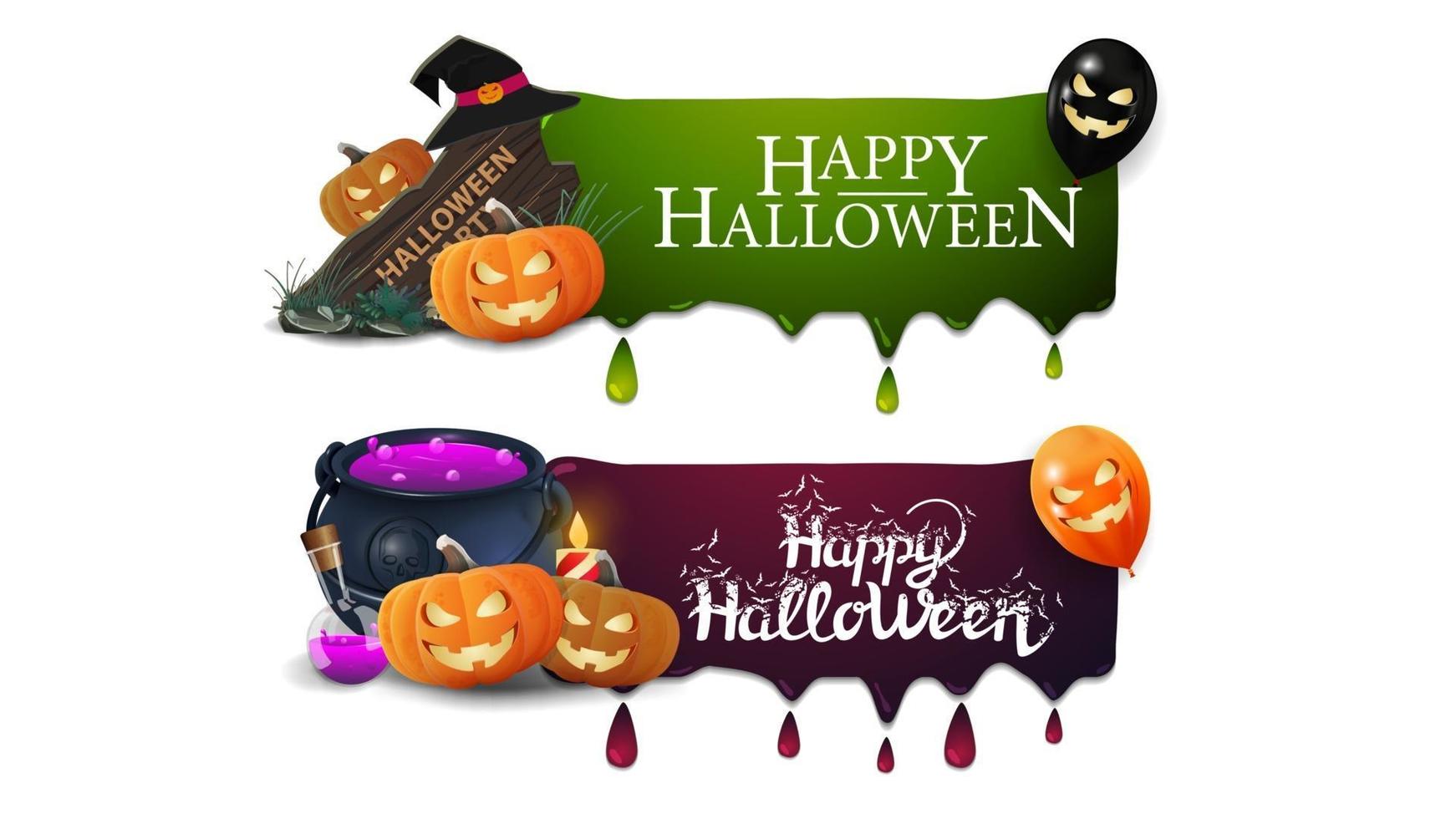 Halloween-Verkauf, zwei Banner mit Tropfen, Holzschild, Hexenhut, Hexenkessel und Kürbisheber vektor