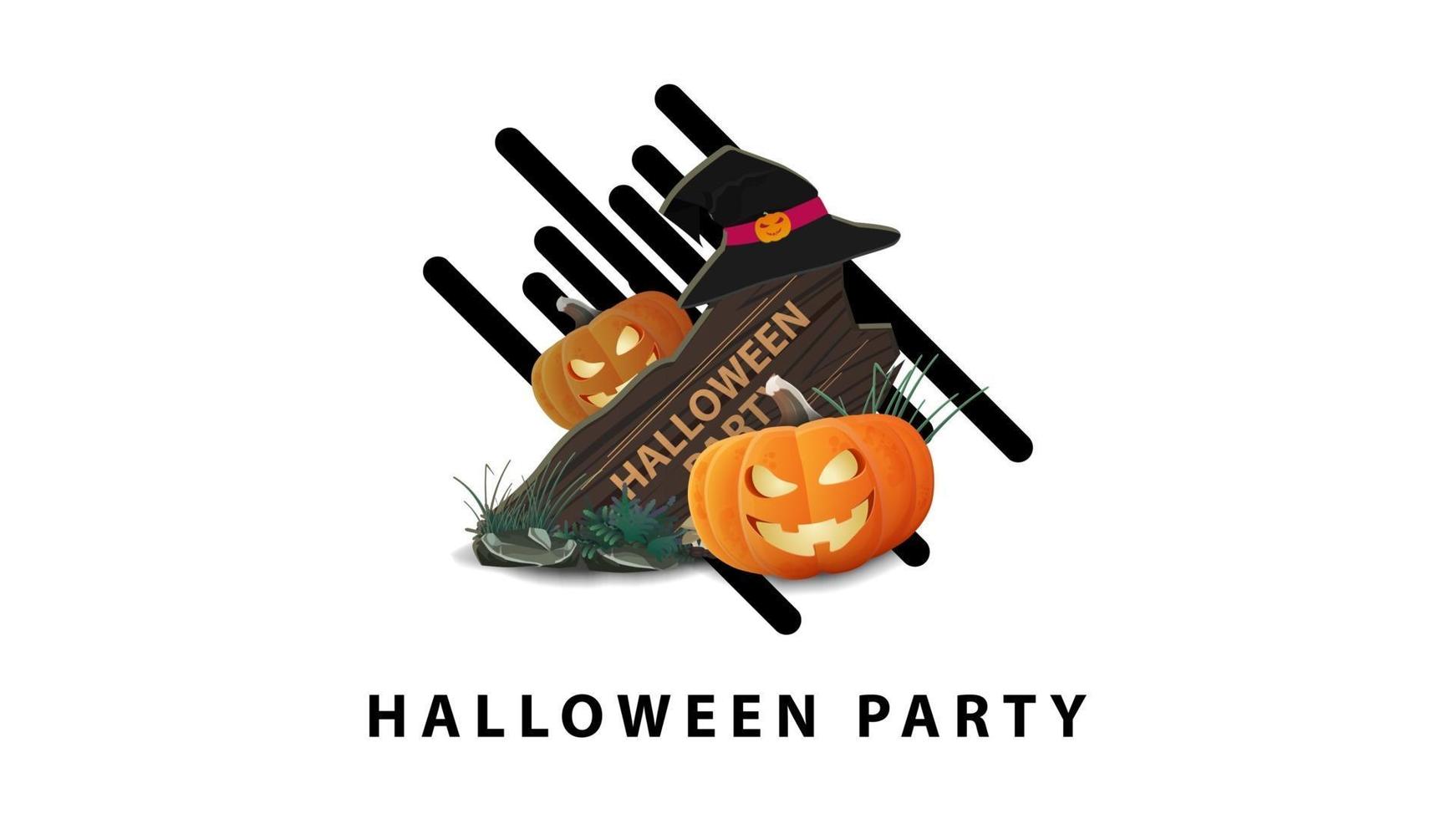 Halloween Party, weiße stylische minimalistische Grußpostkarte mit Holzschild, Hexenhut und Kürbis Jack vektor