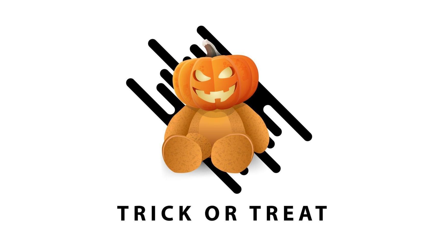 trick or treat, vitt snyggt minimalistiskt hälsningsvykort med nallebjörn med jack pumpahuvud vektor