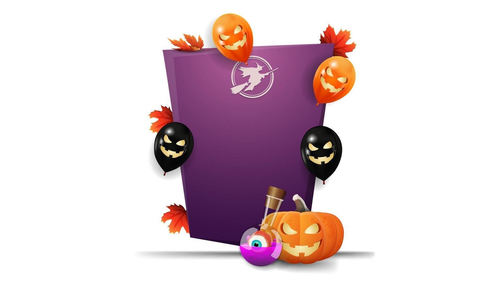 Halloween-Vorlage, vertikale lila Vorlage im Cartoon-Stil mit Halloween-Ballons, Kürbis-Jack und Hexentrank vektor