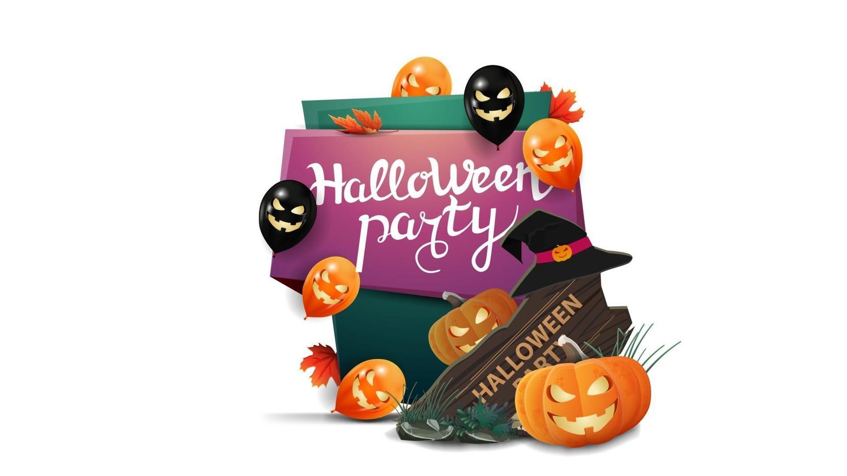 Halloween-Party, vertikale Einladungskarte im Cartoon-Stil mit Halloween-Ballons, Holzschild, Hexenhut und Kürbis Jack vektor