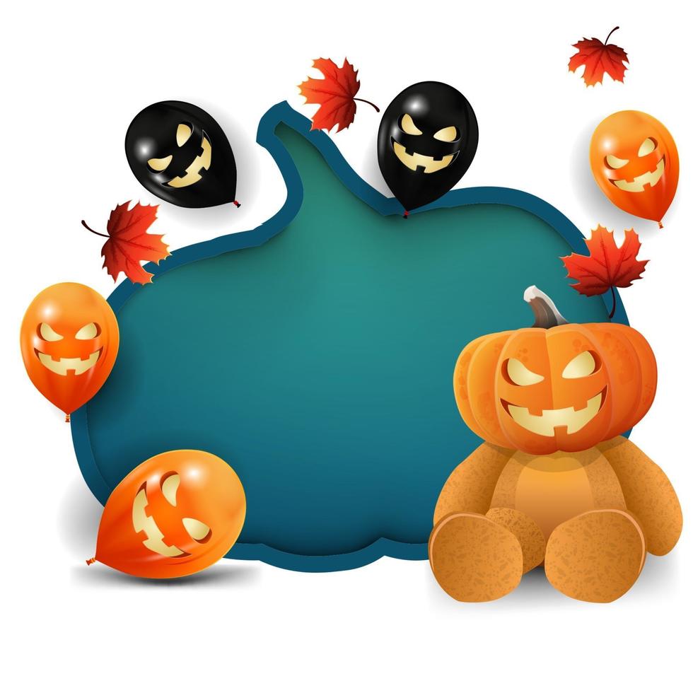 Halloween weiße Vorlage mit einem riesigen Kürbis aus Papier geschnitzt, Halloween Ballons, Herbstblätter und Teddybär mit Kürbiskopf vektor