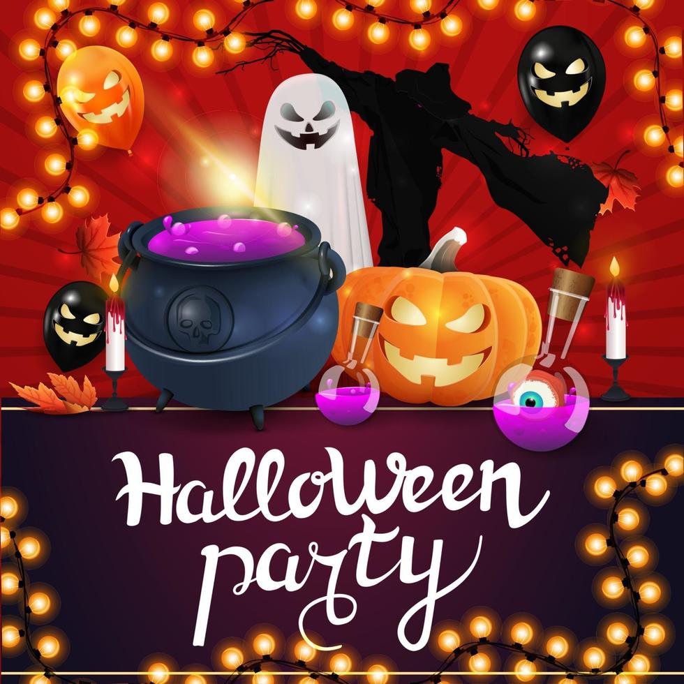 Halloween Party, quadratisches Einladungsplakat mit Hexenkessel, Geist, Vogelscheuche und Kürbis Jack vektor