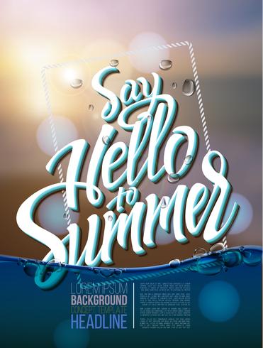 Hallo Sommerplakataufschrift auf einem Hintergrundmeerblickbild vektor