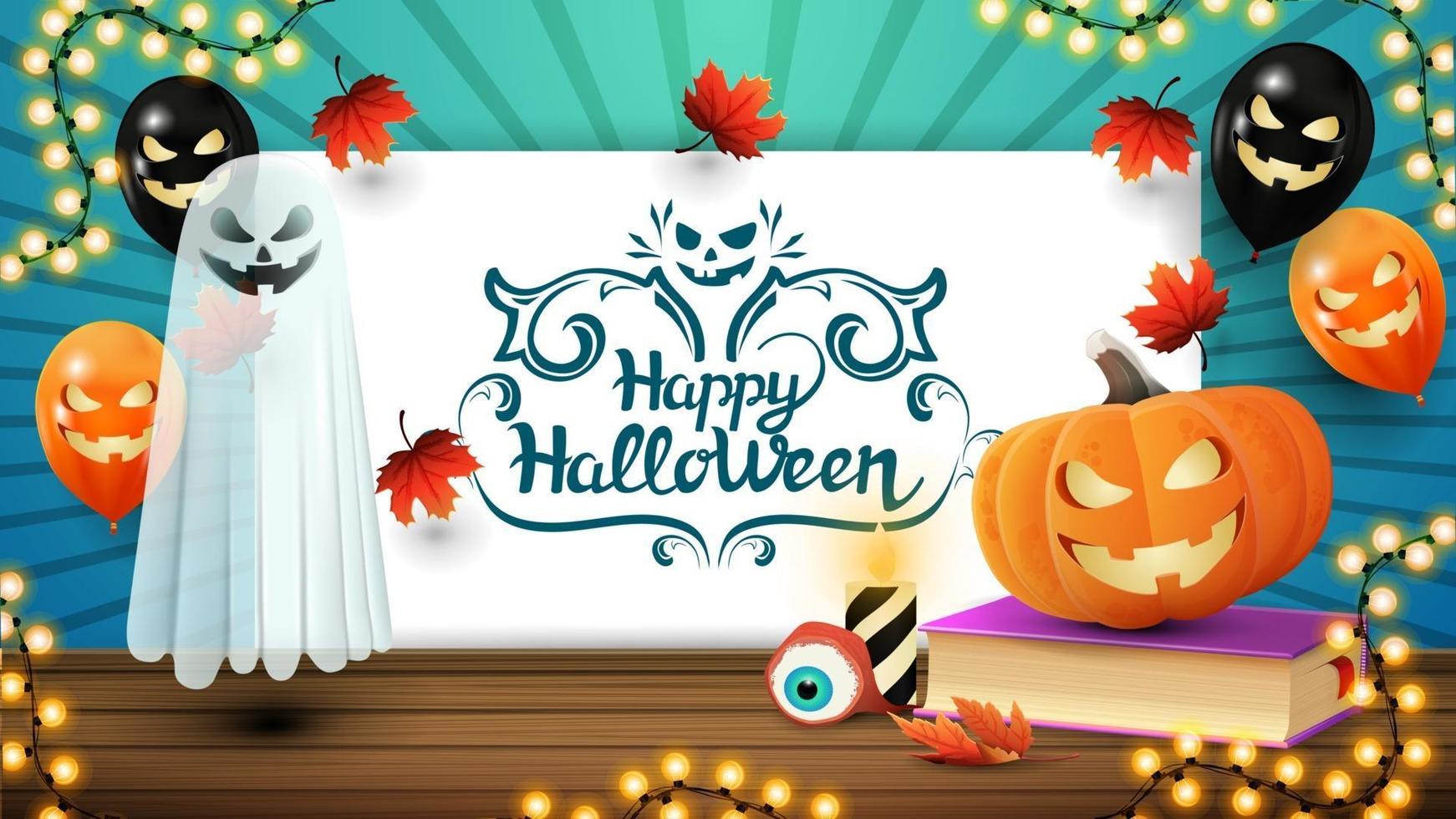 Happy Halloween, blaue Grußkarte mit Halloween-Ballons, Geist, Zauberbuch und Kürbis-Jack vektor