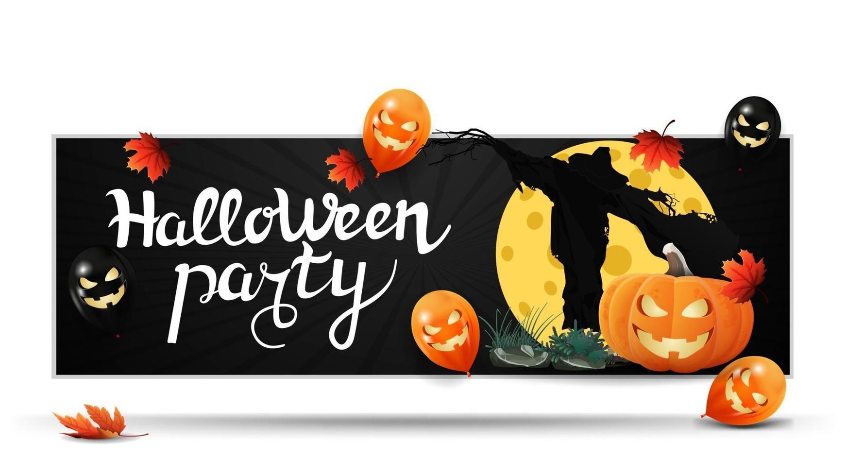 Halloween-Party, horizontale schwarze Einladungskarte für Website mit Halloween-Ballons, Vogelscheuche und Kürbis-Jack gegen den Mond vektor