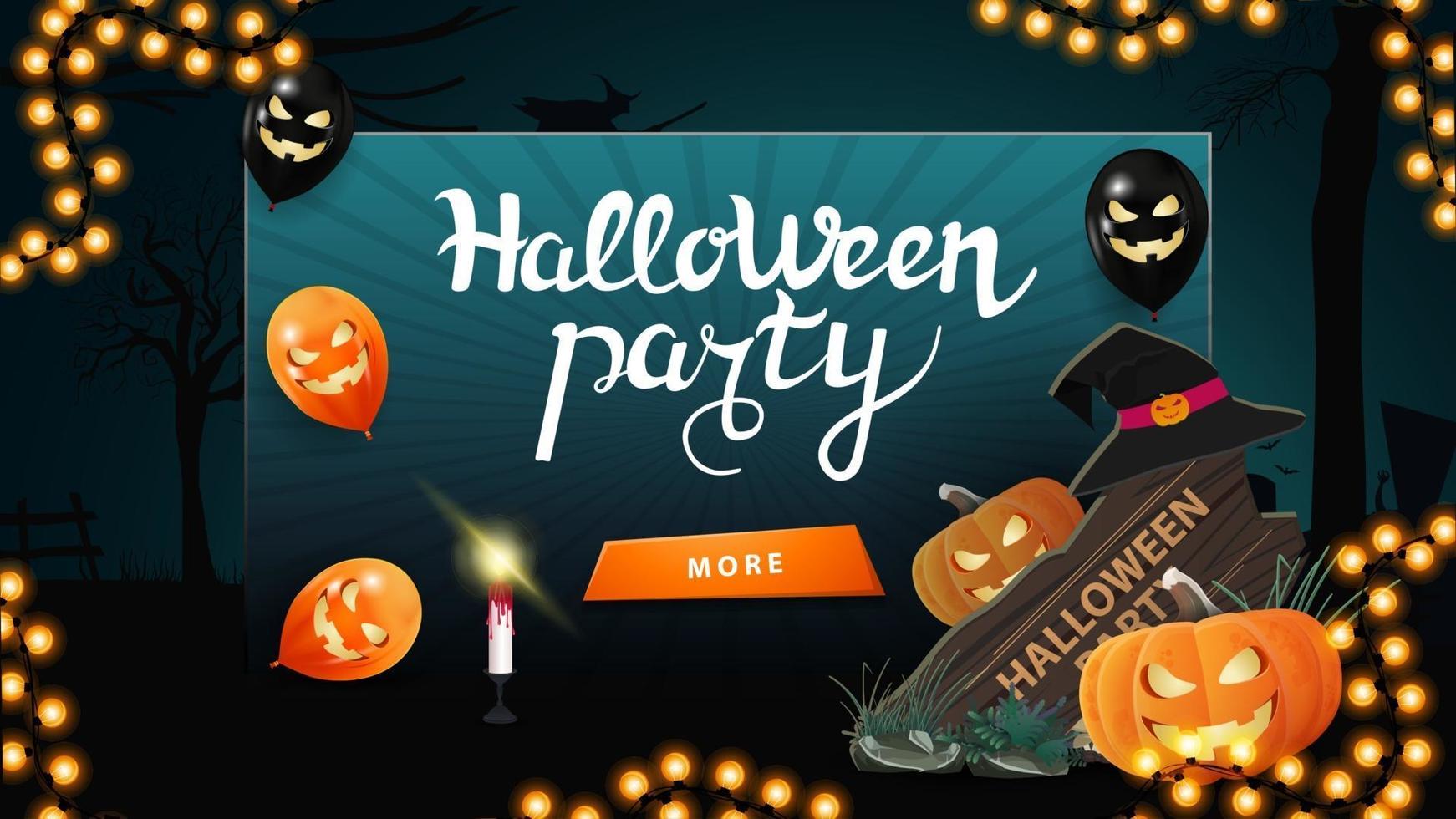 Halloween-Party, grüne Einladungskarte mit Knopf, Halloween-Ballons, Holzschild, Hexenhut und Kürbis-Jack vektor