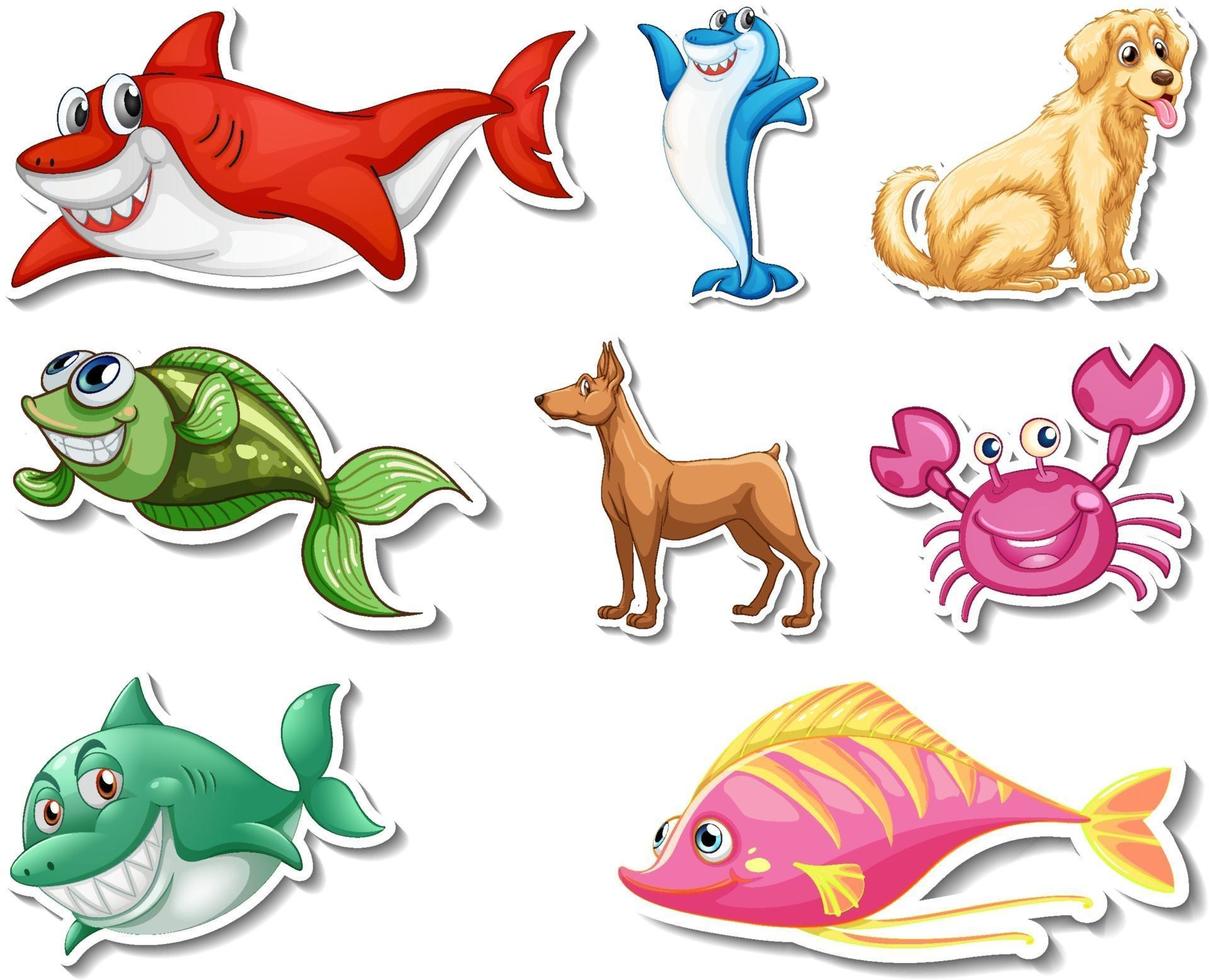 uppsättning klistermärken med havsdjur och hundar seriefigur vektor