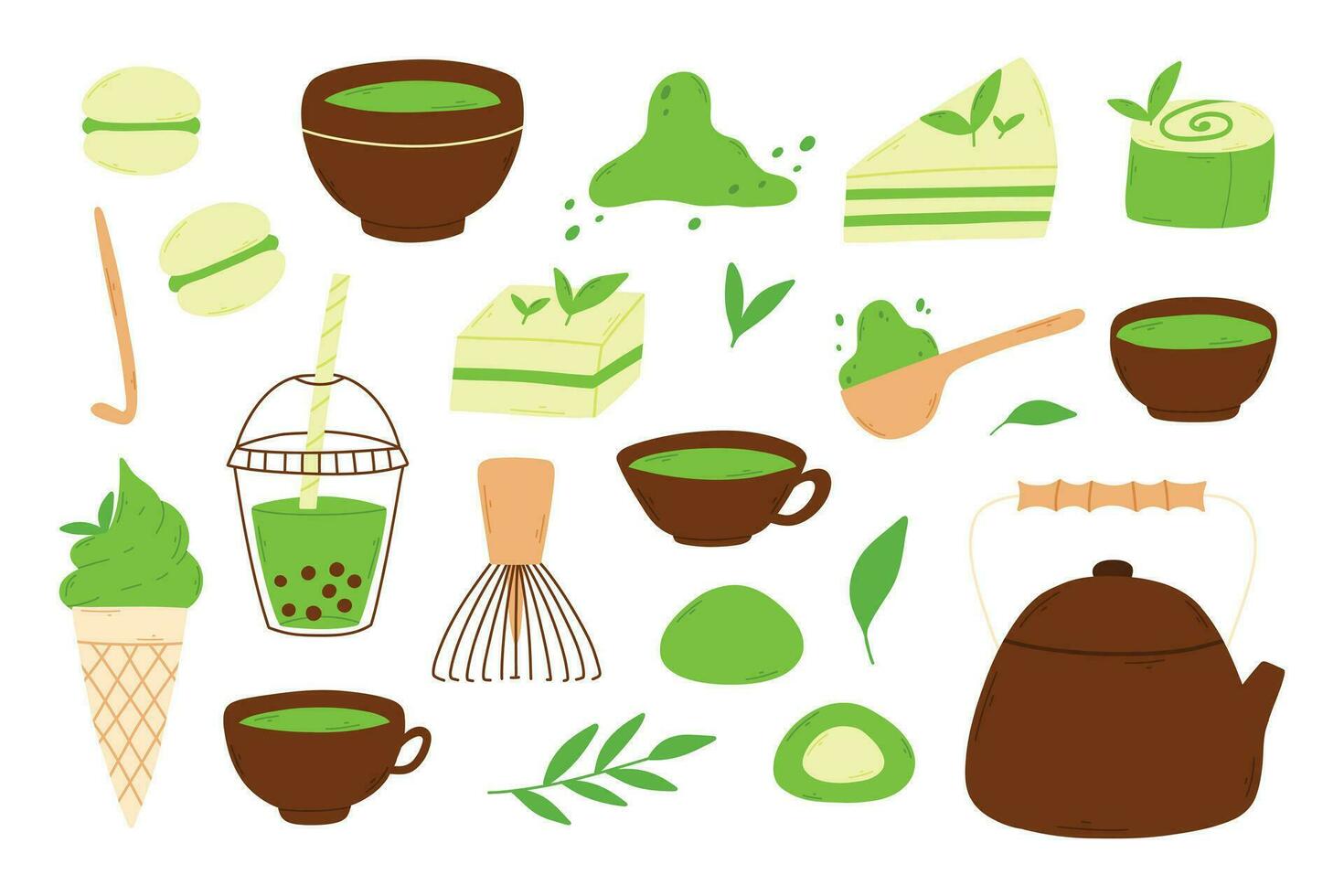 Matcha Tee. Becher mit Matcha und Grün Tee Blätter. Vektor Illustration. natürlich Grün Tee. Grün Tee Satz. Matcha Sammlung.