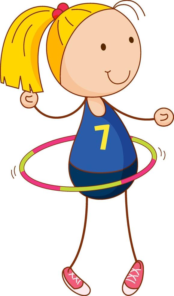 eine Mädchen-Cartoon-Figur, die isoliert Hula-Hoop im Doodle-Stil spielt vektor