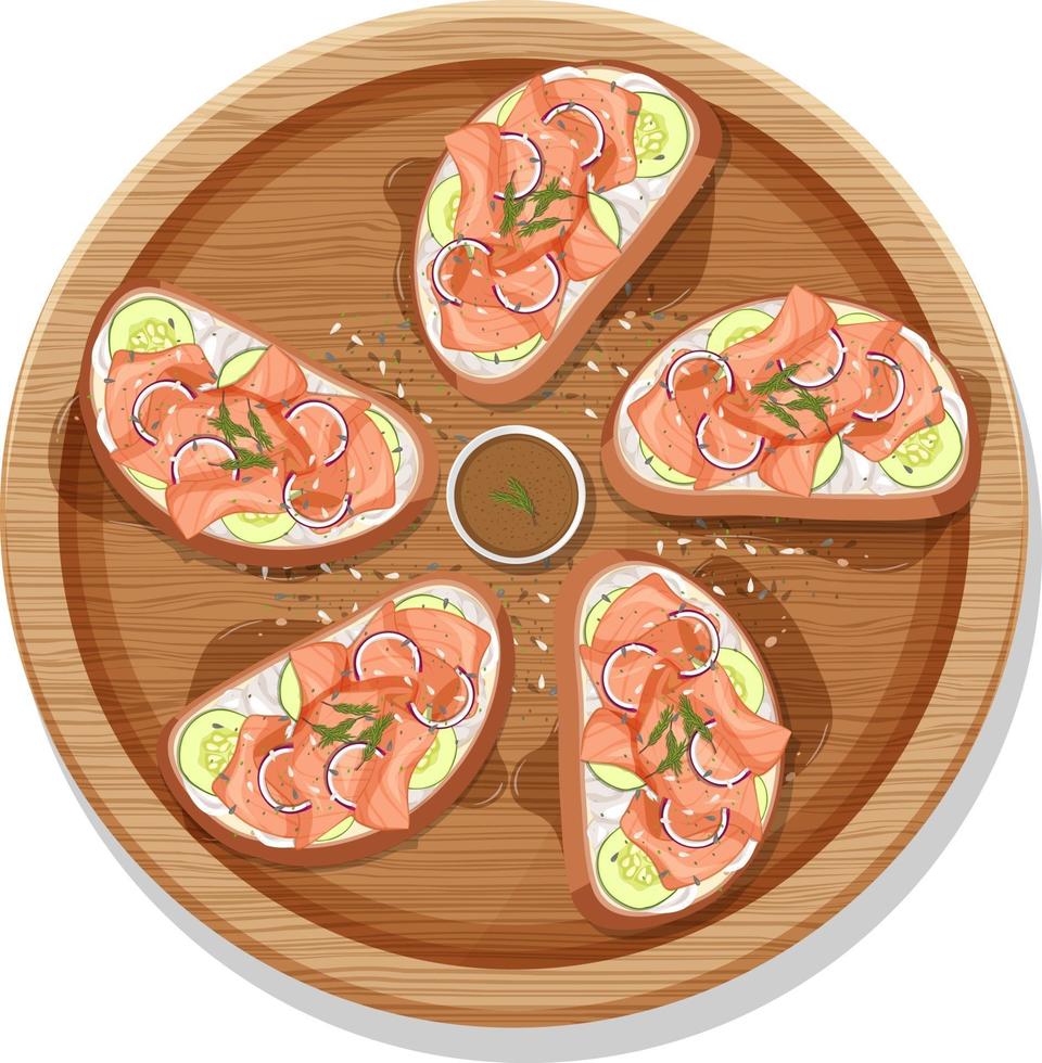 rökt laxbruschetta på en isolerad träplatta vektor