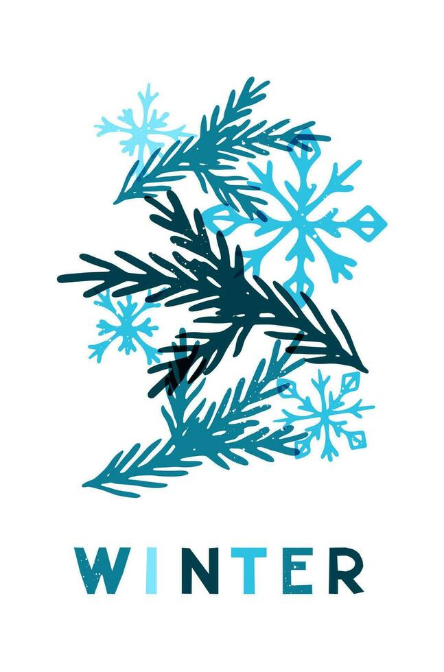 Winter risographisch Konzept Illustration mit Schneeflocken. Jahrgang minimalistisch Hand gezeichnet Komposition mit Grunge Textur. Winter monochromatisch Design. Ideal zum Hintergrund, Banner, Poster vektor