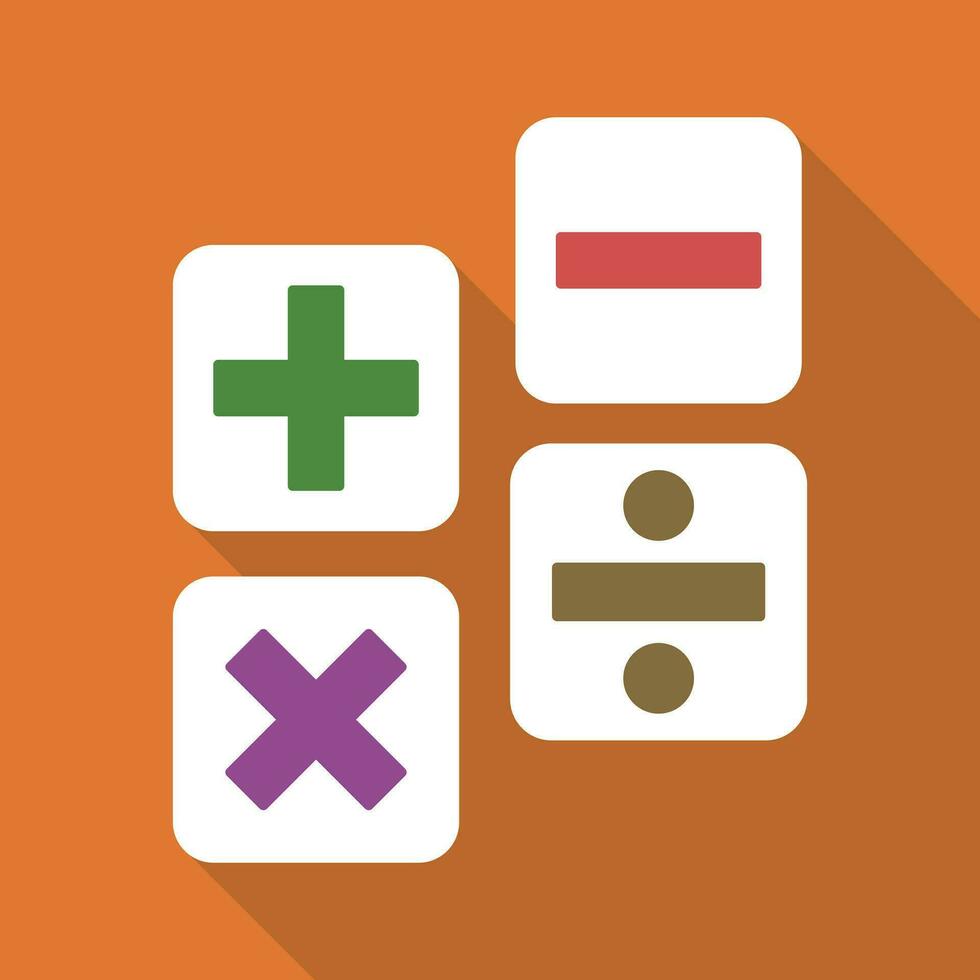 Mathematik Operationen Zusatz, Subtraktion, Multiplikation, Aufteilung eben Symbol mit lange Schatten. Mathematik Symbole Symbol Piktogramm Vektor Illustration. Schule Thema, Berechnung, Formel, Mathematik Konzept