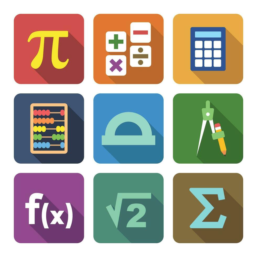 Vektor einstellen von Mathematik Symbole eben Stil mit lange Schatten. Pi Nummer, Operationen, Taschenrechner, Abakus, Winkelmesser, Kompass, Funktion, Platz Wurzel, Summe Glyphe, Mathematik Symbole Konzept Vektor Illustration