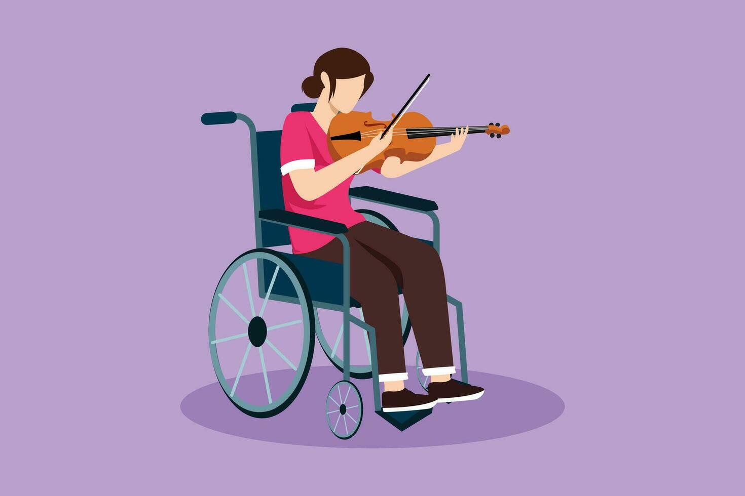 karaktär platt teckning av handikapp och musik. kvinna i rullstol spelar fiol. fysiskt Inaktiverad, bruten ben. person i sjukhus. rehabilitering Centrum patient. tecknad serie design vektor illustration