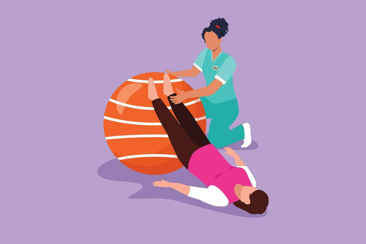 tecknad serie platt stil teckning fysioterapi rehabilitering isometrisk sammansättning med Söt kvinna liggande på matta, ben på sudd boll med medicinsk assistent. sjukvård. grafisk design vektor illustration