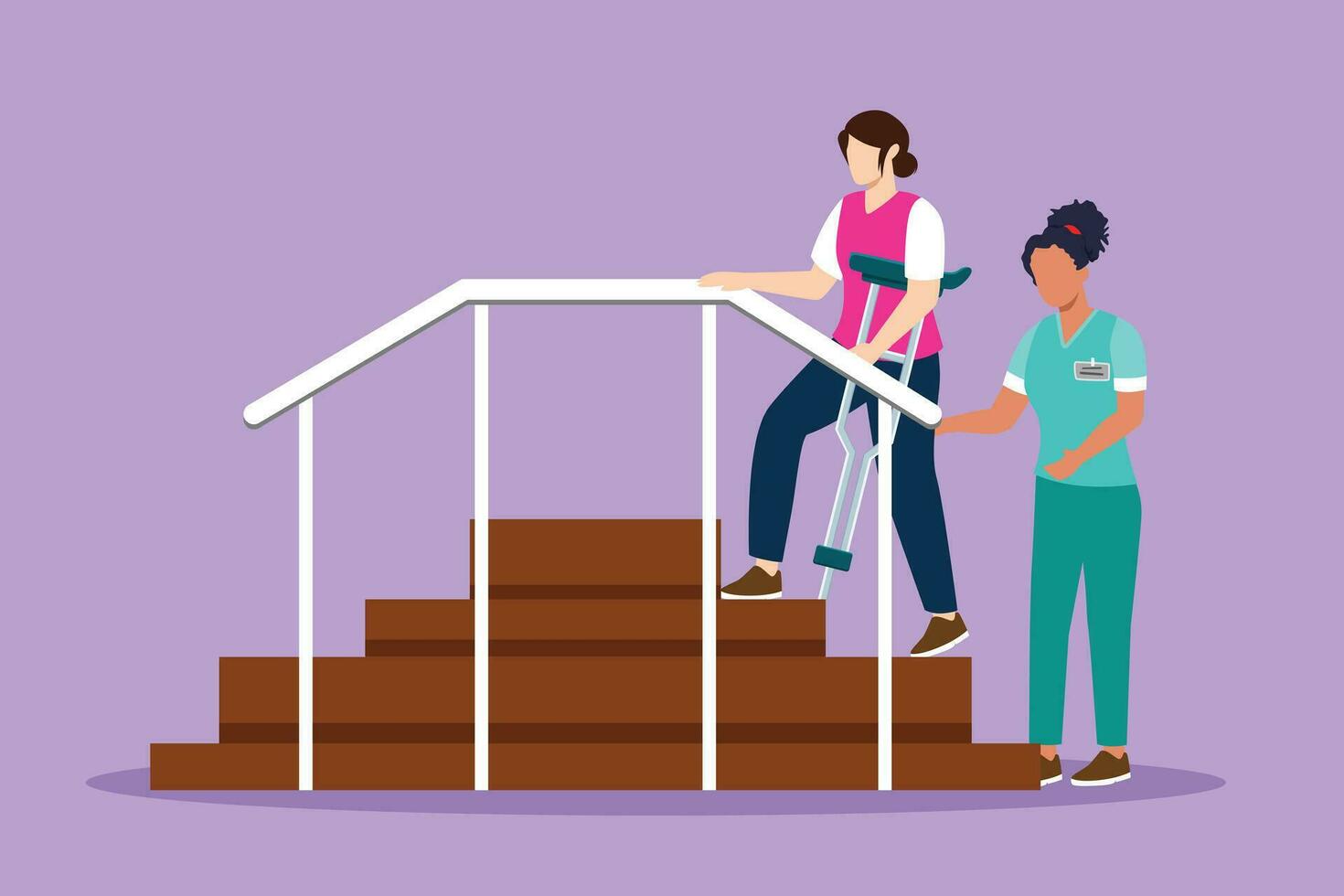 tecknad serie platt stil teckning terapeut arbetssätt med söt kvinna patient klättrande de trappa, medicinsk rehabilitering, fysisk terapi aktivitet. sjukvård i sjukhus. grafisk design vektor illustration