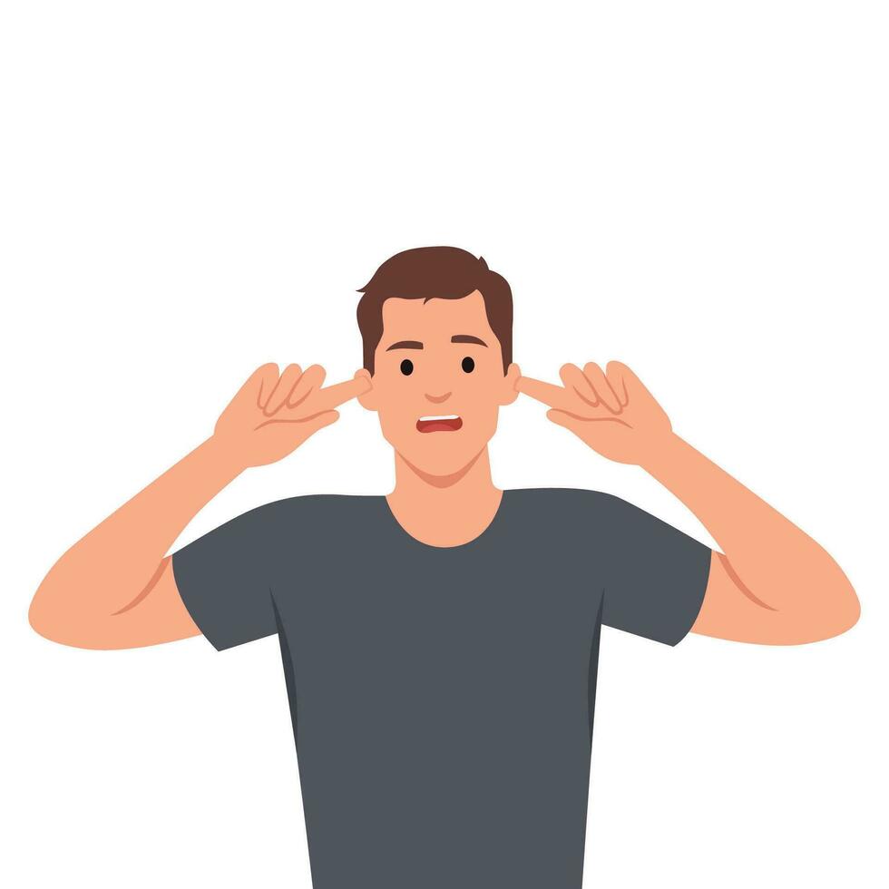 Mann Abdeckung Ohren mit Finger mit genervt Ausdruck zum das Lärm von laut Klang oder Musik. vektor