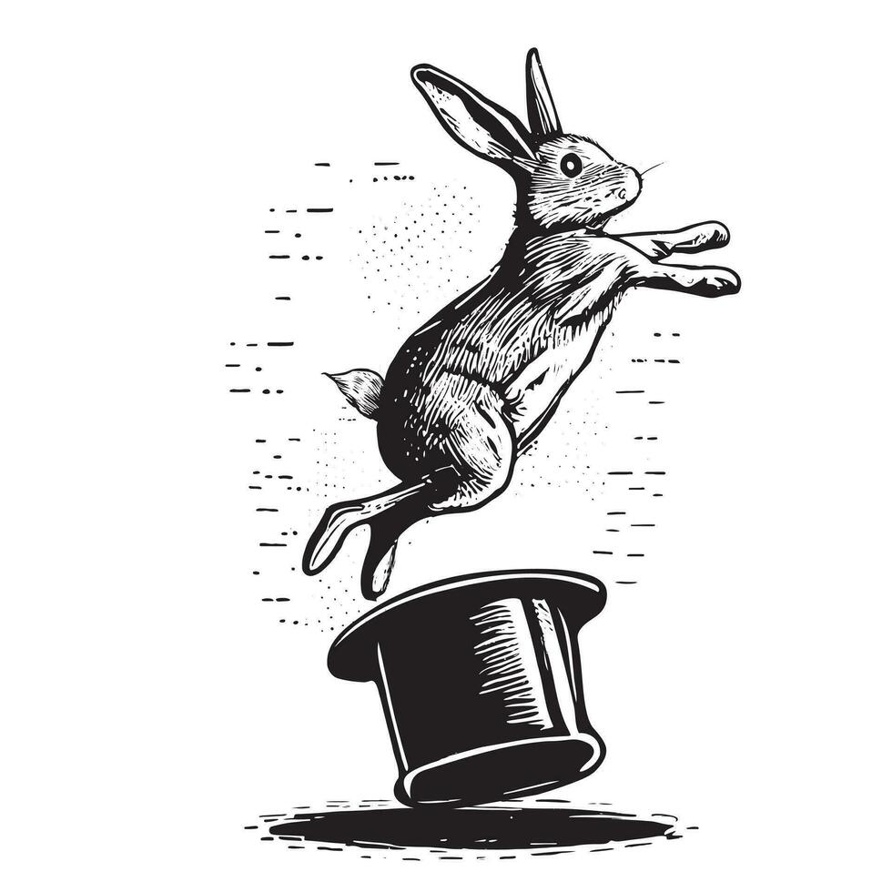 Hase Springen aus von ein oben Hut Hand gezeichnet skizzieren im Gekritzel Stil Vektor Illustration