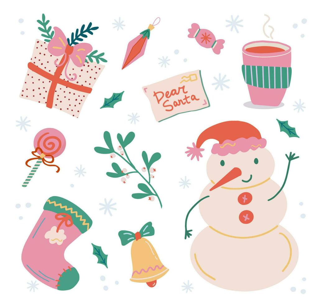 trendig glad jul och ny år element uppsättning. hand dragen vektor isolerat söt klistermärken. snögubbe, brev till tomte, mistel, mugg, gåva låda, strumpa. Bra för kort, grafik, posters