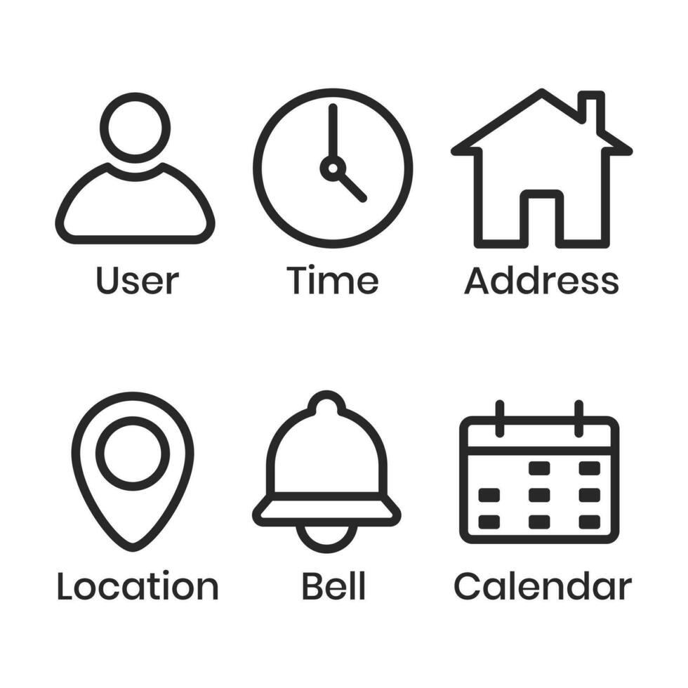 Uhr Zeit Symbol, Zuhause Adresse Taste, Stift Ort Ort, Glocke Benachrichtigung Erinnerung Symbol, Datum Kalender Symbol, Profil, Geschäft Symbol Satz, Benutzer Schnittstelle, offiziell Std, Frist Design Elemente vektor