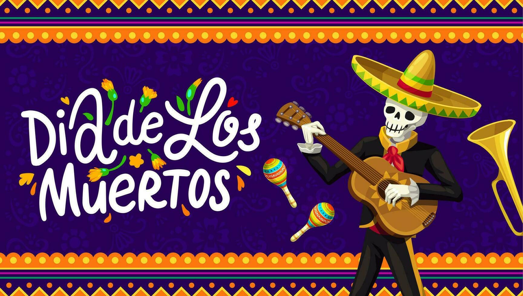 dia de los muertos baner med mariachi skelett vektor