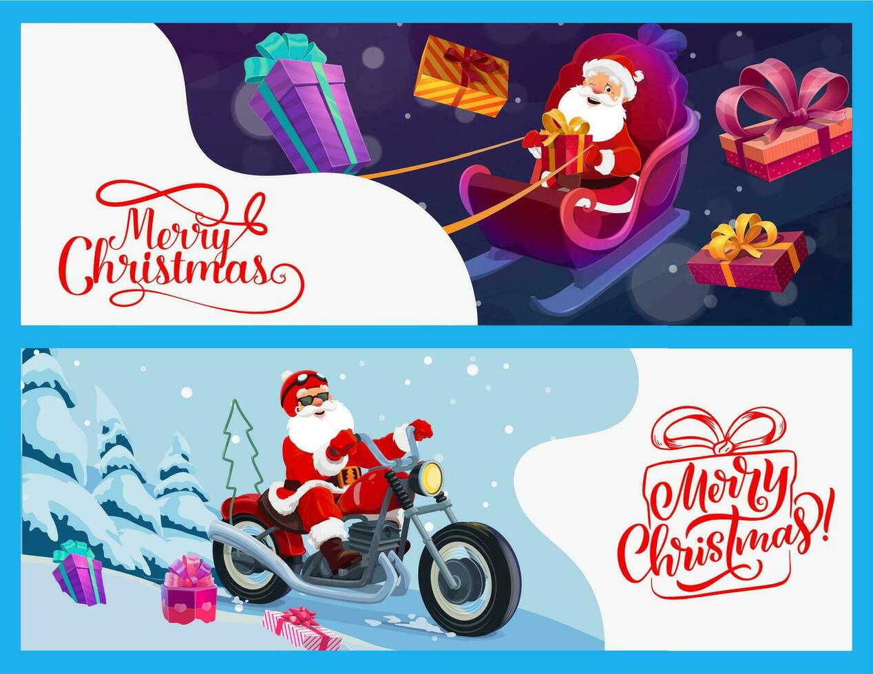 Weihnachten Banner mit Santa auf Fahrrad und Schlitten vektor
