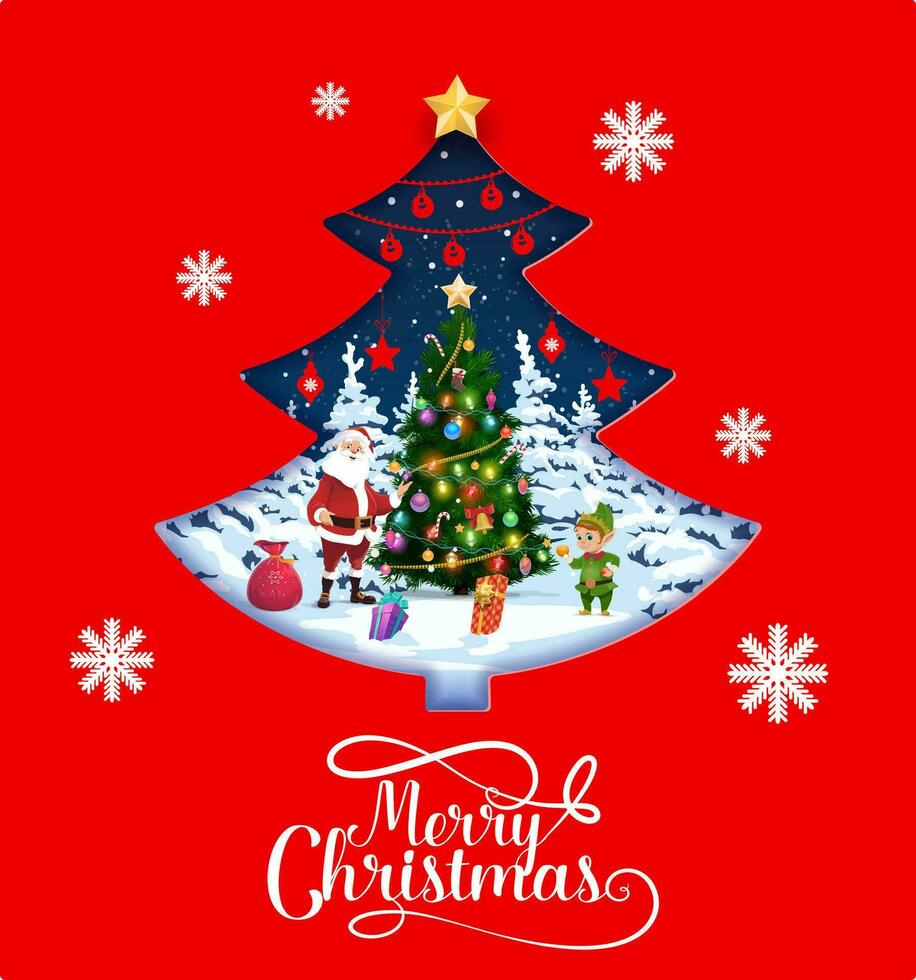 Weihnachten Papier Schnitt Kiefer Baum mit Santa und Elf vektor