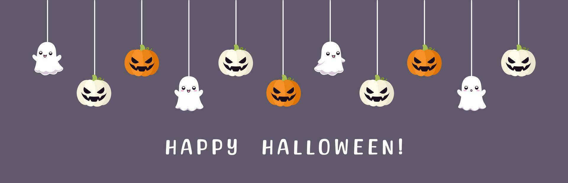 Lycklig halloween gräns baner med spöke och domkraft o lykta pumpor hängande från Spindel nät. dinglande läskigt ornament dekoration vektor illustration, lura eller behandla fest inbjudan