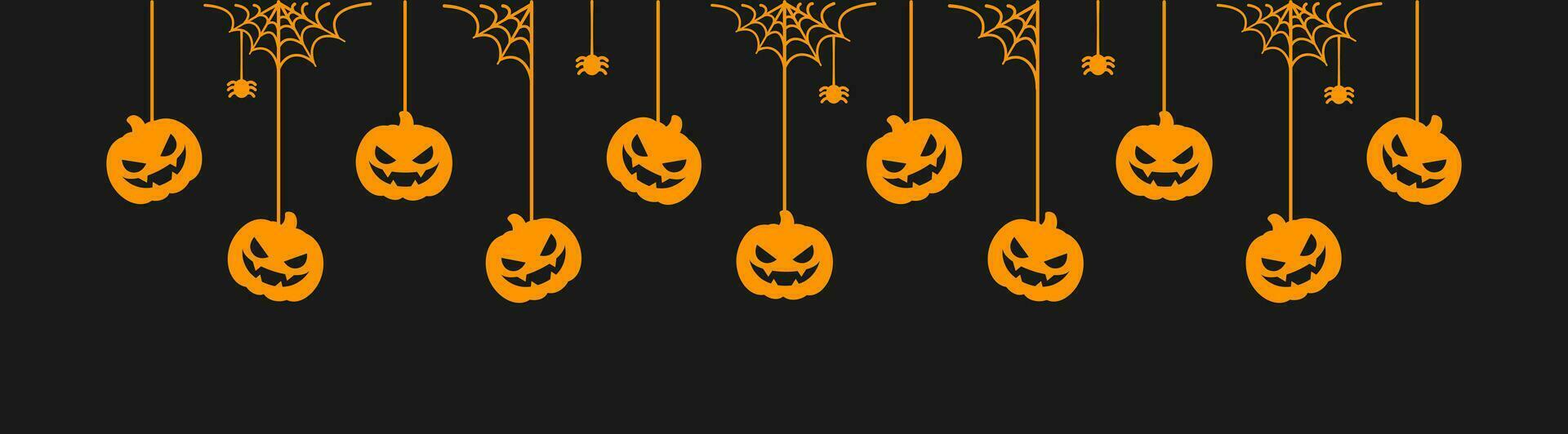 glücklich Halloween Banner Rand mit Jack Ö Laterne Kürbisse hängend von Spinne Netze. gespenstisch Ornamente Dekoration Vektor Illustration, Trick oder behandeln Party Einladung