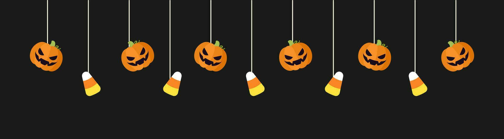 glücklich Halloween Rand Banner mit Süßigkeiten Mais und Jack Ö Laterne Kürbisse hängend von Spinne Netze. gespenstisch Ornamente Dekoration Vektor Illustration, Trick oder behandeln Party Einladung