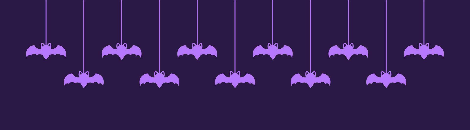 Lycklig halloween baner gräns med fladdermöss hängande från Spindel nät. läskigt ornament dekoration vektor illustration, lura eller behandla fest inbjudan