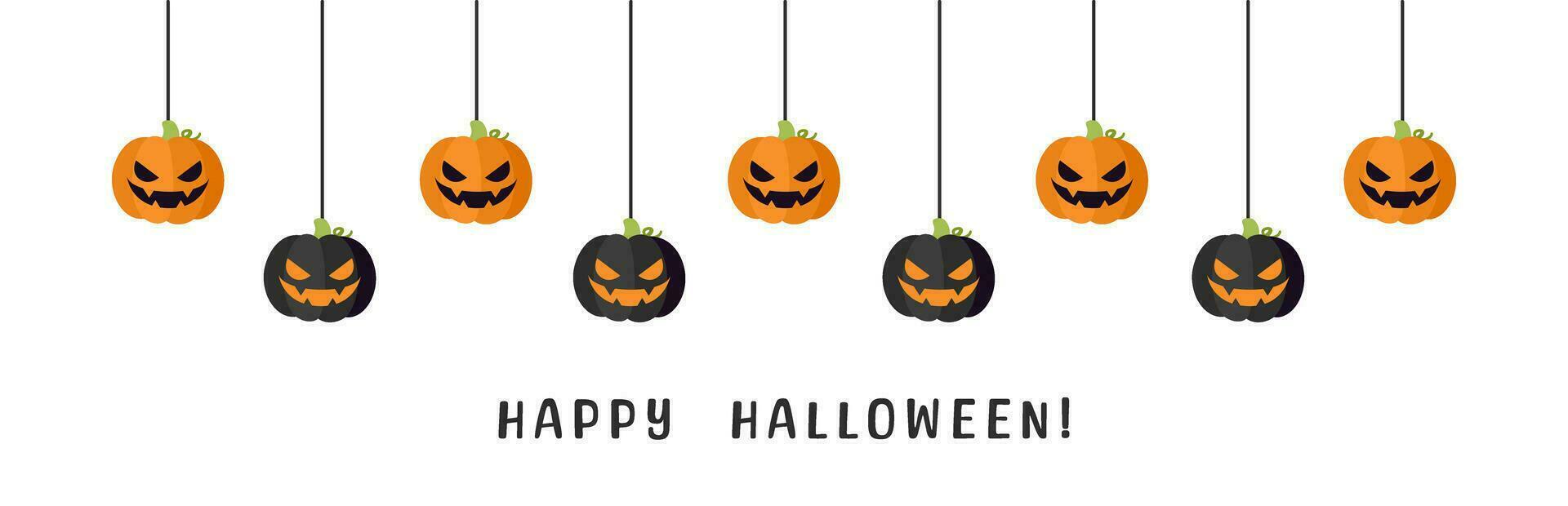 Lycklig halloween gräns baner domkraft o lykta pumpor hängande från Spindel nät. läskigt ornament dekoration vektor illustration, lura eller behandla fest inbjudan