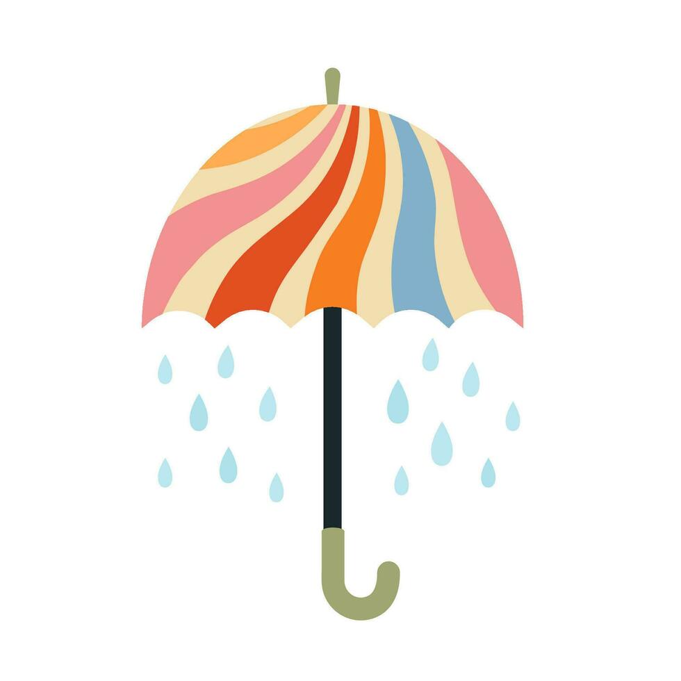 süß abstrakt Regenschirm mit fallen Regen Tropfen.Retro groovig gestreift Muster vektor