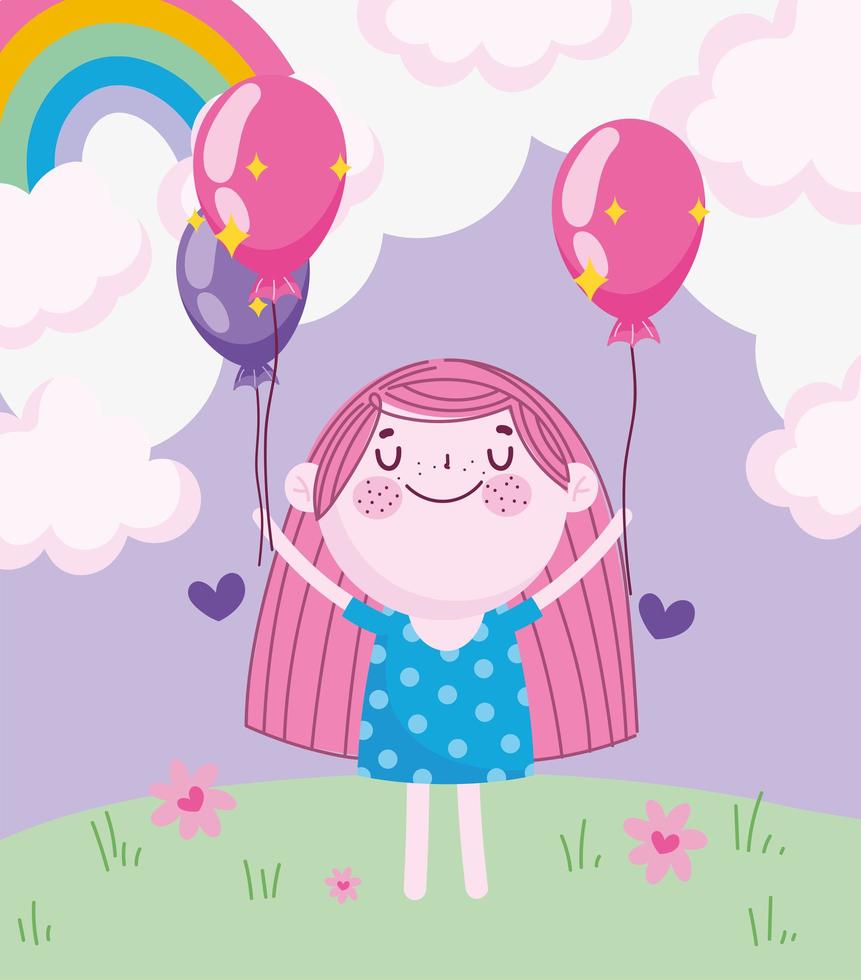barns dag, tecknad flicka med ballonger regnbåge i gräset vektor
