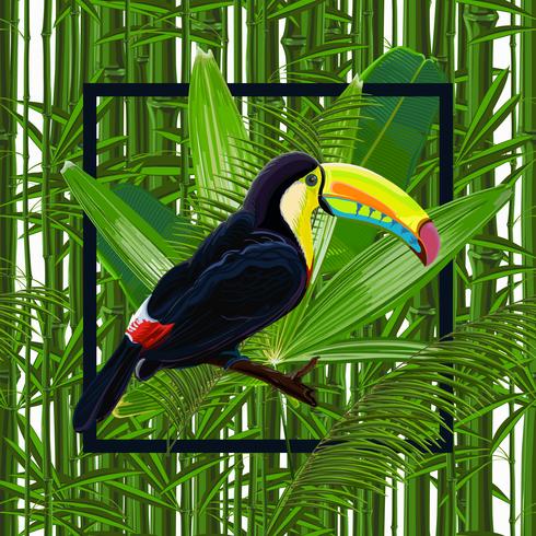 Vektor sömlösa mönster med tropiska löv och fågel toucan