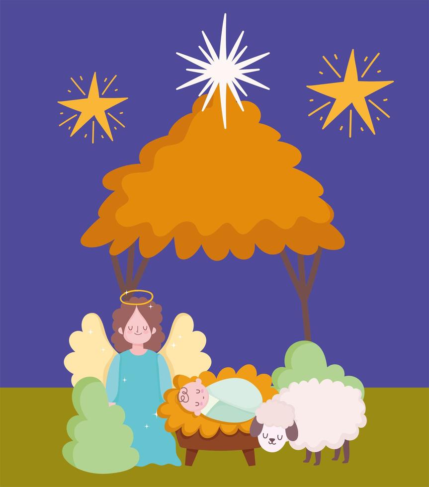 födelsekyrkan, söt baby jesus ängel och lamm tecknad vektor
