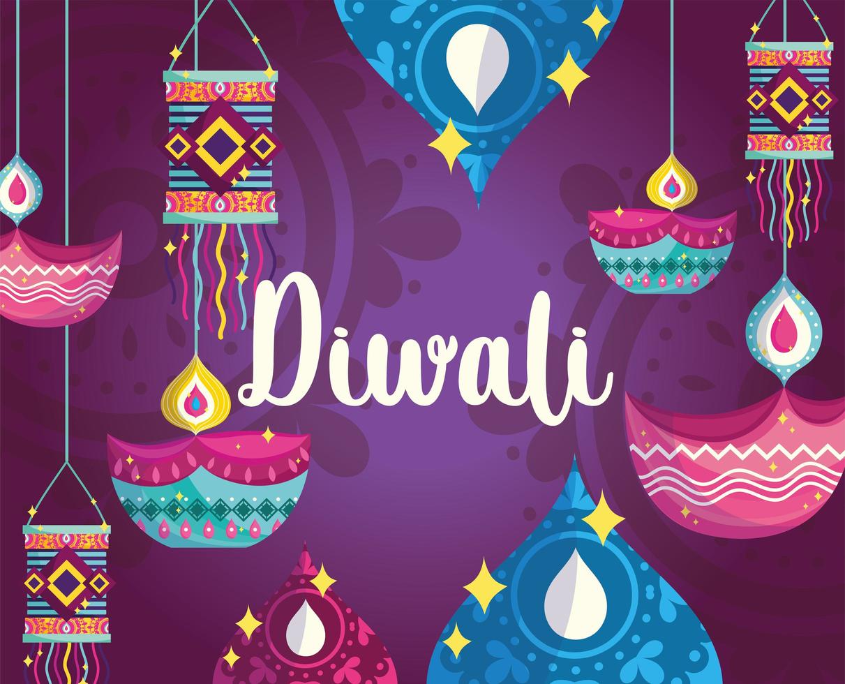 glad diwali festival, lila bakgrund med diya lampor ljus lyktor dekoration detaljerad vektor