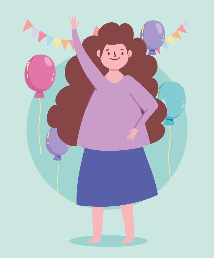 glad tecknad kvinna firande fest ballonger vimplar vektor