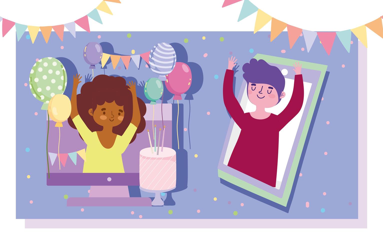 online fest, firar födelsedag par i video mobil och dator med tårta vektor