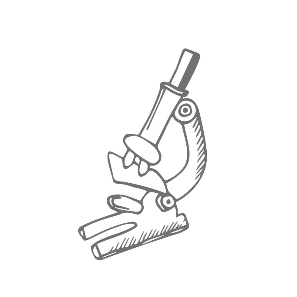 hand dragen mikroskop. linje konst kemi, farmaceutisk instrument, mikrobiologi förstorande verktyg. symbol av vetenskap, kemi och utforskning. vektor labb mikroskop illustration isolerat