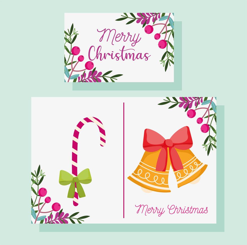 frohe weihnachten, grußkarte dekorative glocke zuckerstange und stechpalme berry vektor