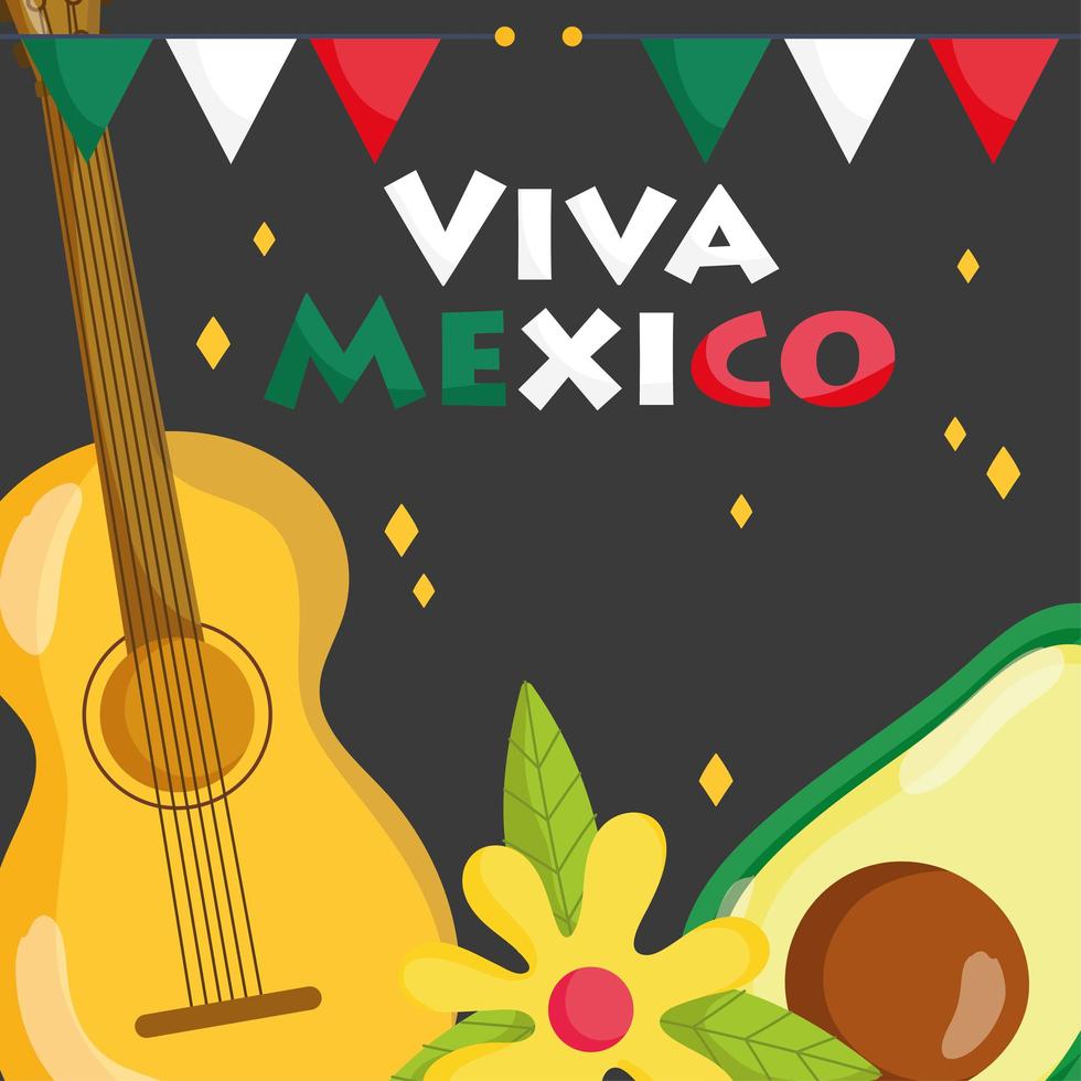 mexikanischer unabhängigkeitstag, avocado- und gitarrenblumendekoration, viva mexiko wird im september gefeiert vektor