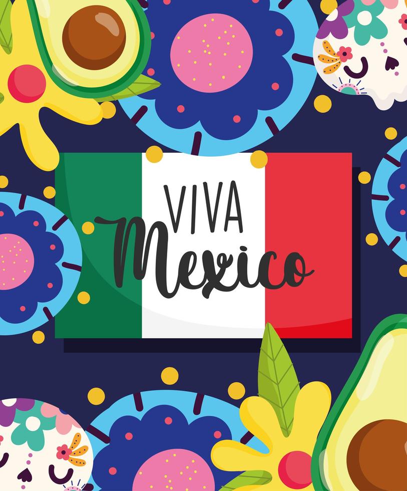 mexikanischer unabhängigkeitstag, catrinas blumen avocado und flagge dekorationsbanner, viva mexiko wird im september gefeiert vektor