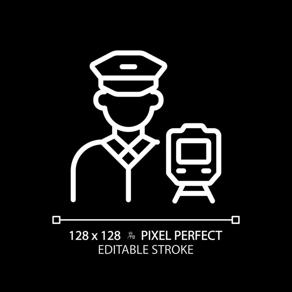 tåg förare pixel perfekt vit linjär ikon för mörk tema. järnväg ockupation. lokomotiv operatör. offentlig transport. tunn linje illustration. isolerat symbol för natt läge. redigerbar stroke vektor
