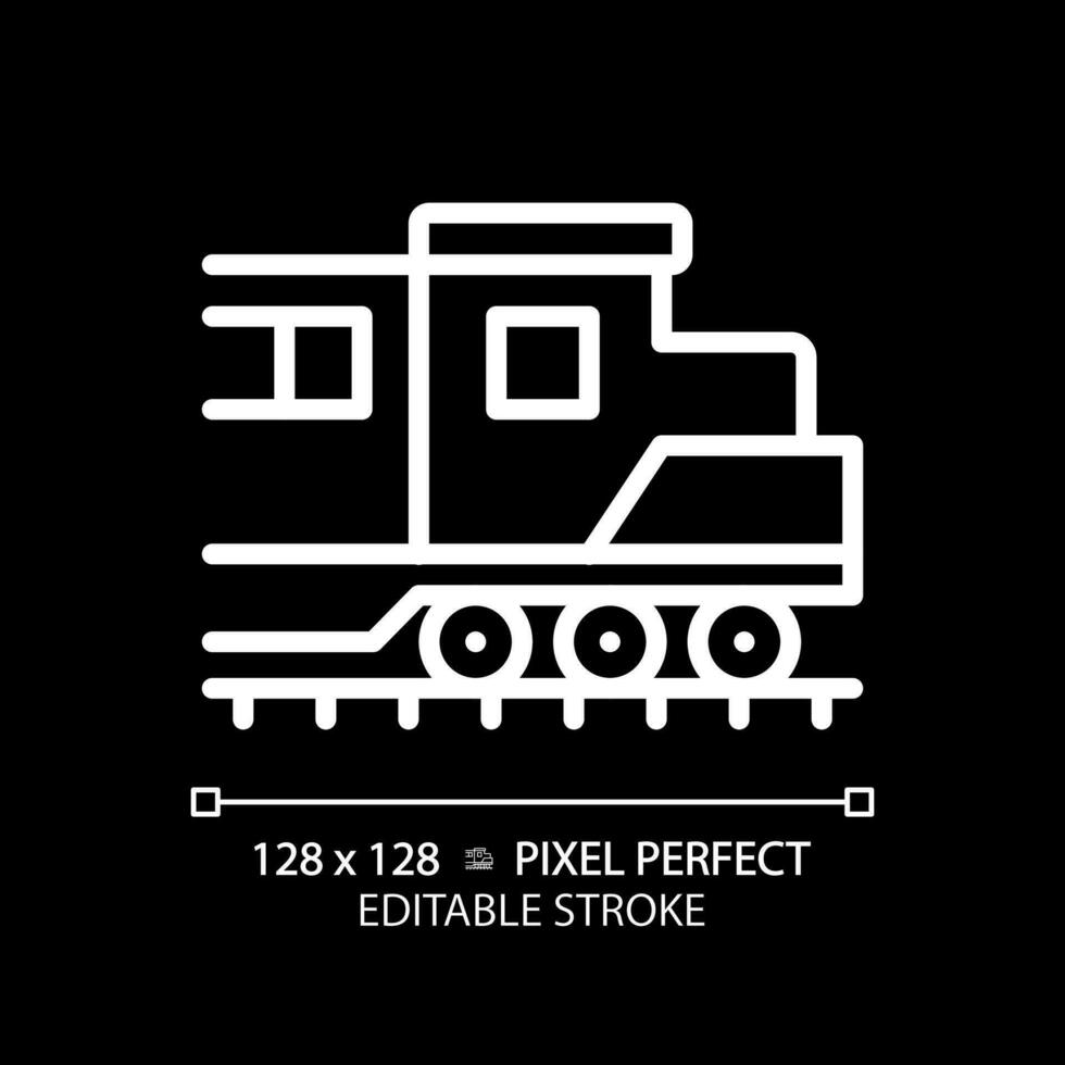 lokomotiv pixel perfekt vit linjär ikon för mörk tema. diesel motor. frakt tåg. järnväg transport fordon. kraft bil. tunn linje illustration. isolerat symbol för natt läge. redigerbar stroke vektor