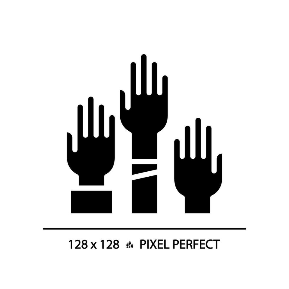 2d pixel perfekt glyf stil ikon av människor med händer Uppfostrad representerar röstning, isolerat vektor illustration, platt design väljarna symbol.