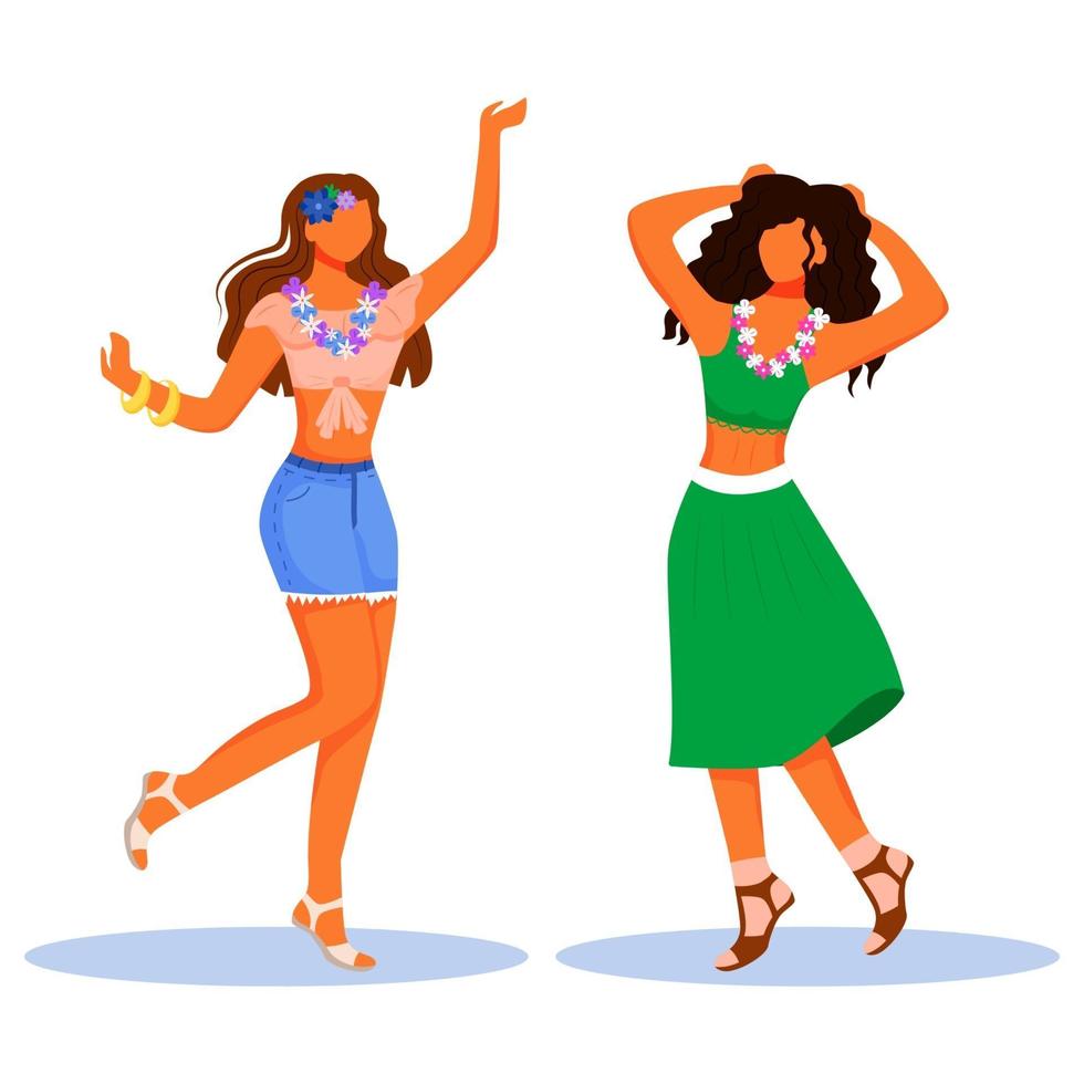 tanzende Freundinnen flacher Farbvektor gesichtslose Charaktere. Frauen in floralem Körperschmuck, Sommerkleidung. Stehende Latino-Frauen isoliert Cartoon-Illustration für Web-Grafik-Design und Animation vektor